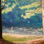 Storrs Pond Series: Swimmers, oil on gessoed paper, 12 1/2" x 15"