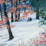 Joggers at Occom Pond, oil on primed canvas, 11" x 15"