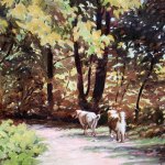The Dogs Take A Walk, oil on primed canvas, 11" x 15"
