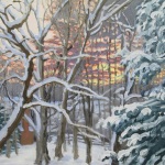 Snow on Trees out my Studio Window, oil on board, 91/2" x 16"