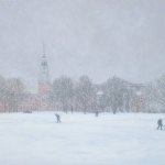 "A Snowy Fall Day on the Dartmouth Green", oil on canvas, 22" x 34"