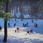 05 Skaters on Occom Pond, giclée print, edition of 500, signed by the artist and authorized and numbered by The Robin Nuse Collection, 15" x 20", Price: $500. This print is made using the giclée digital printing process, individually printed by an Iris computer using an 8-color process with low fade inks on archival, acid-free, 100% rag paper. This print is from an original oil painting of skaters on a pond maintained by Dartmouth College in Hanover, NH