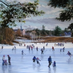 04 Late Afternoon at Occom Pond, giclée print, edition of 500, signed by the artist and authorized and numbered by The Robin Nuse Collection, 14" x 16", Price: $400 ($160 unsigned). This print is made using the giclée digital printing process, individually printed by an Iris computer using an 8-color process with low fade inks on archival, acid-free, 100% rag paper. This print is from an original oil painting of skaters on a pond maintained by Dartmouth College in Hanover, NH