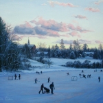 01 After the Sunset, giclée print, edition of 500, signed by the artist and authorized and numbered by The Robin Nuse Collection, 19" x 22 1/2", Price:  $550 ($300 unsigned). This print is made using the giclée digital printing process, individually printed by an Iris computer using an 8-color process with low fade inks on archival, acid-free, 100% rag paper. This print is from an original oil painting of skaters on a pond maintained by Dartmouth College in Hanover, NH