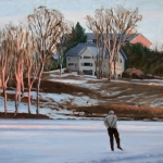 06 The Lone Skater, giclée print, edition of 500, signed by the artist and authorized and numbered by The Robin Nuse Collection, 19" x 24", Price: $500 ($400 small). This print is made using the giclée digital printing process, individually printed by an Iris computer using an 8-color process with low fade inks on archival, acid-free, 100% rag paper. This print is from an original oil painting of skaters on a pond maintained by Dartmouth College in Hanover, NH