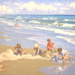 00 Children Playing in the Sand, giclée print, edition of 300, authorized and numbered by The Robin Nuse Collection, 14 1/2" x 22", Price: $225 This print is made using the giclée digital printing process, individually printed by an Iris computer using an 8-color process with low fade inks on archival, acid-free, 100% rag paper. This is from an original oil painting.