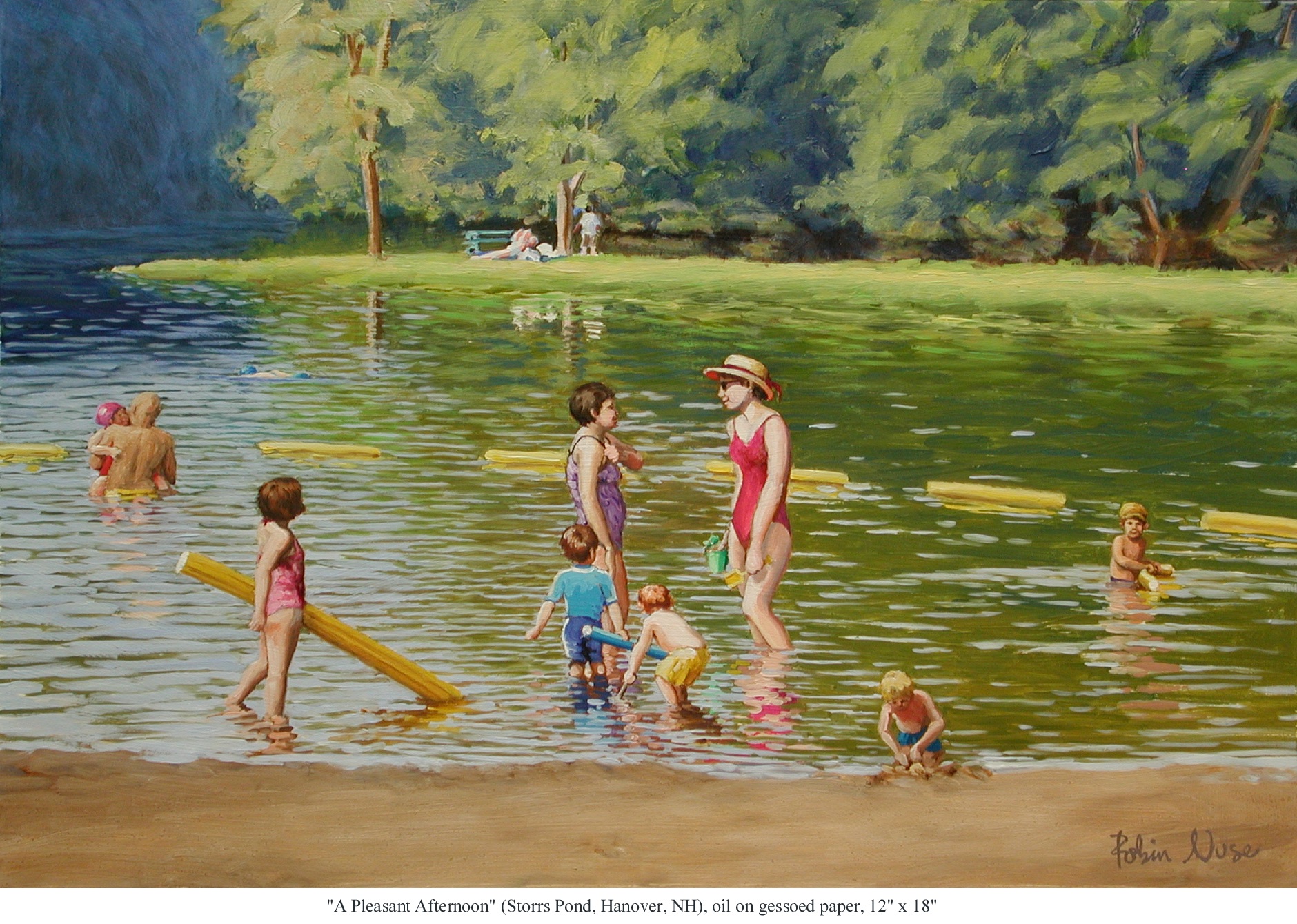 A painting of a beach area at a lush green pond. There are children playing near the shore and two women in bathing suits standing and chatting in the shallows.